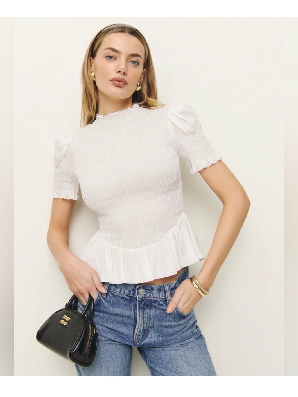 Reformation Smocked White Peplum Puff Sleeve Top